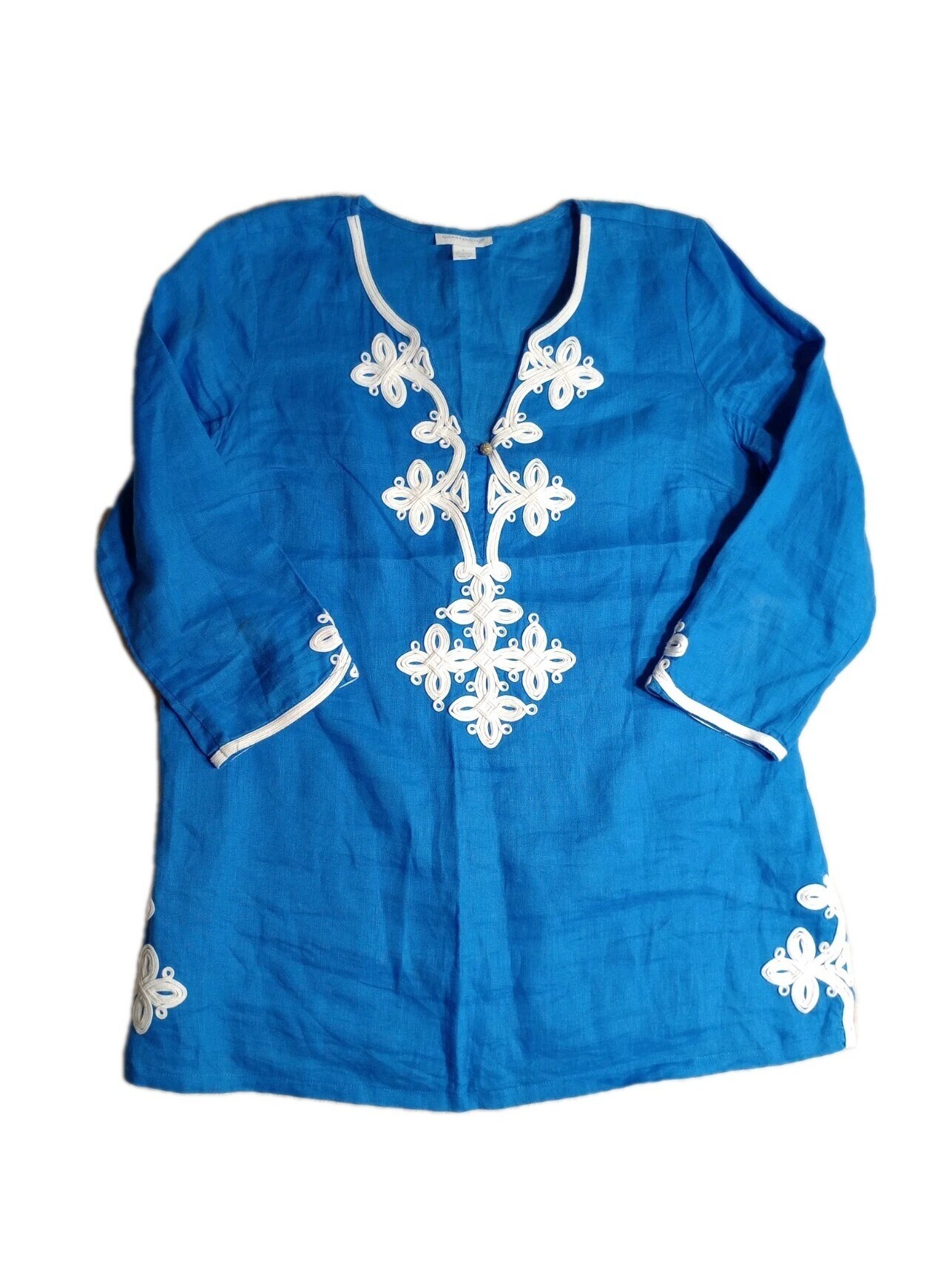 Charter Club Linen Tunic Embroidered Applique V-Neck Lagenlook L Top Blouse Boho